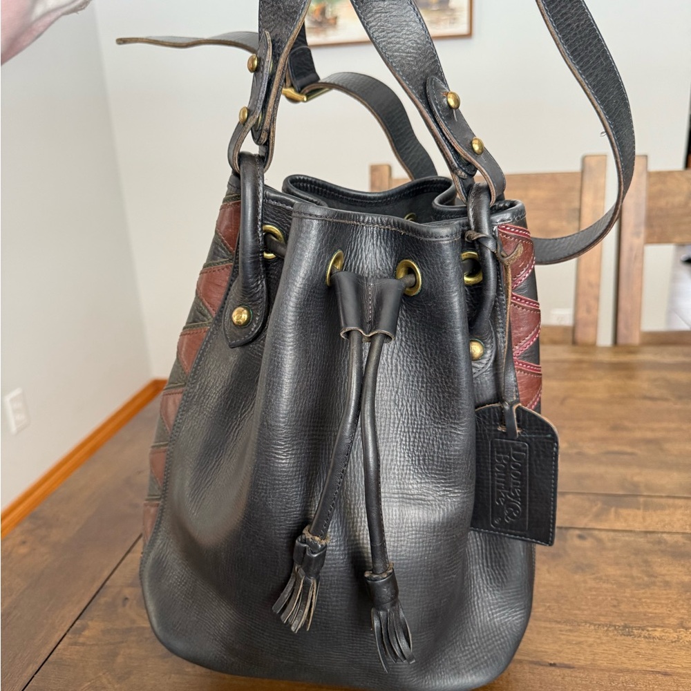 Vintage Dooney & Bourke Black Latigo Leather Bucket Bag Brass Western Boho
